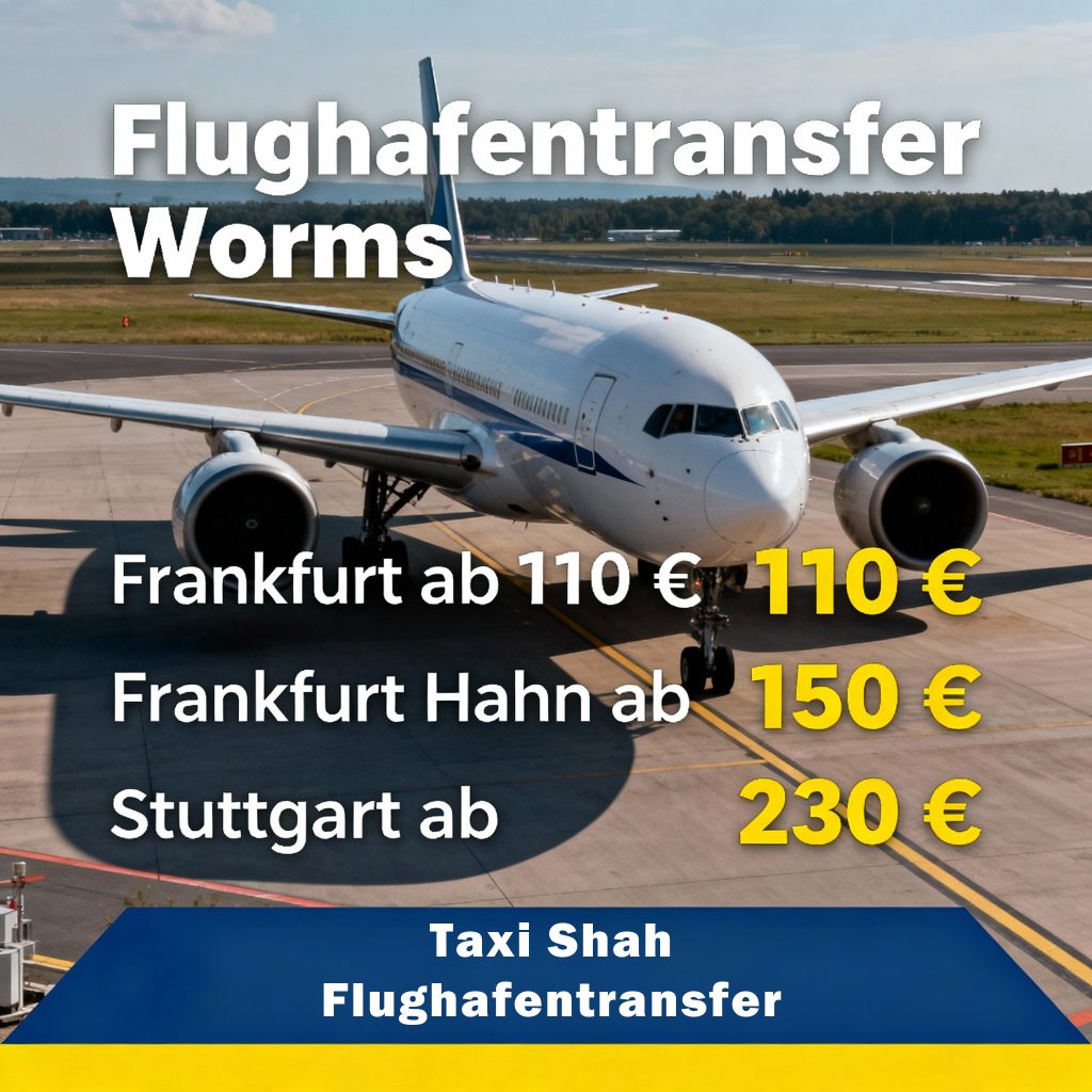 Flughafentransfer Preise von Taxi Shah Worms zu den Flughäfen Frankfurt (FRA), Frankfurt Hahn (HHN) und Stuttgart (STR), klar und übersichtlich dargestellt