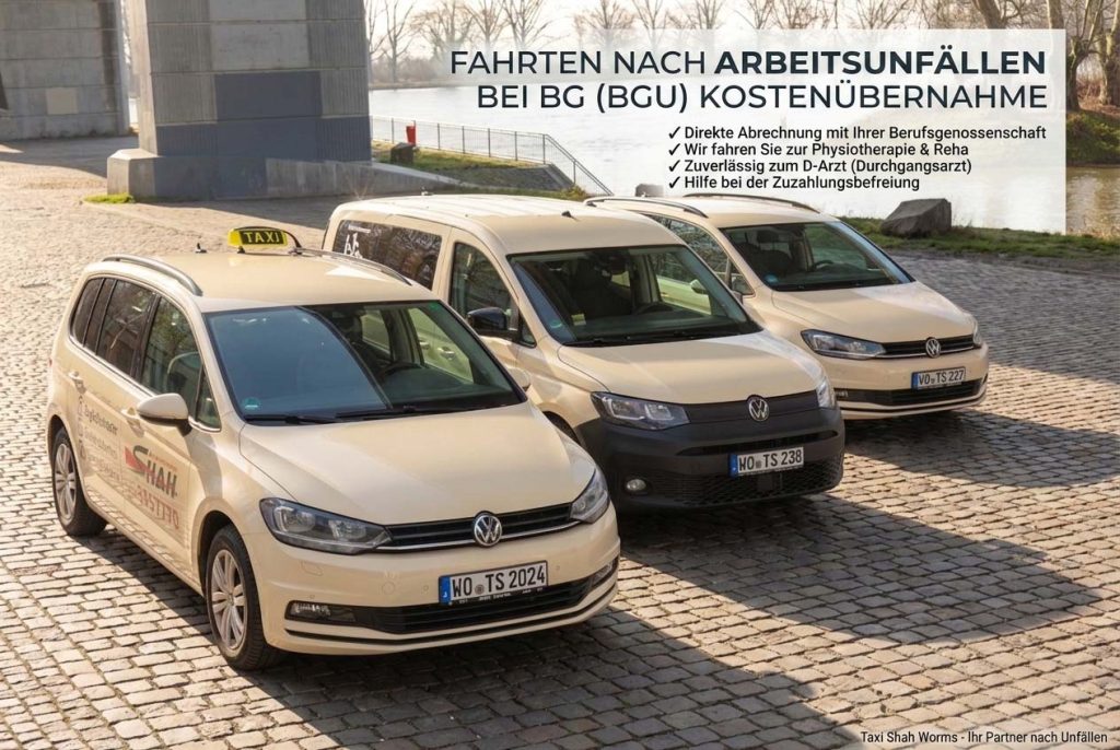 Taxi Shah in Worms für Krankentransporte nach Arbeitsunfällen mit BG-Kostenübernahme.
